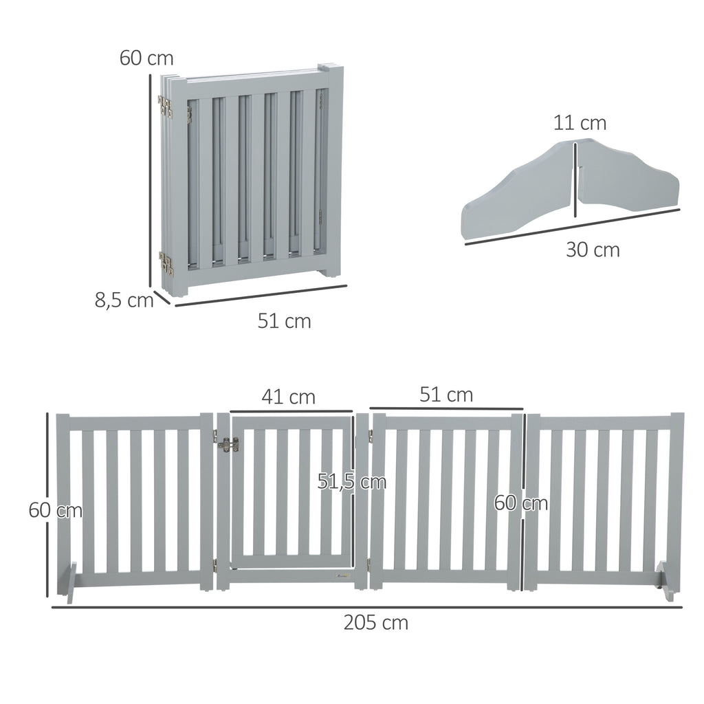 Barrière de Sécurité Chien Pliable Double Face en Bois, 4 Panneaux avec Porte, Pieds de Support, 205 x 60 cm, Gris-2