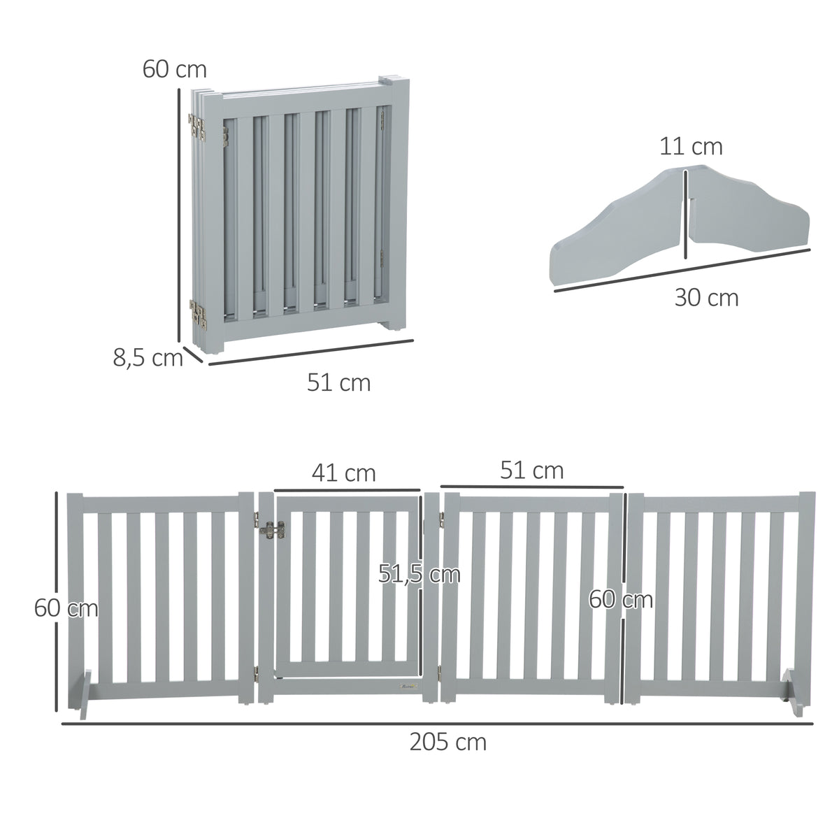 Barrière de Sécurité Chien Pliable Double Face en Bois, 4 Panneaux avec Porte, Pieds de Support, 205 x 60 cm, Gris-2