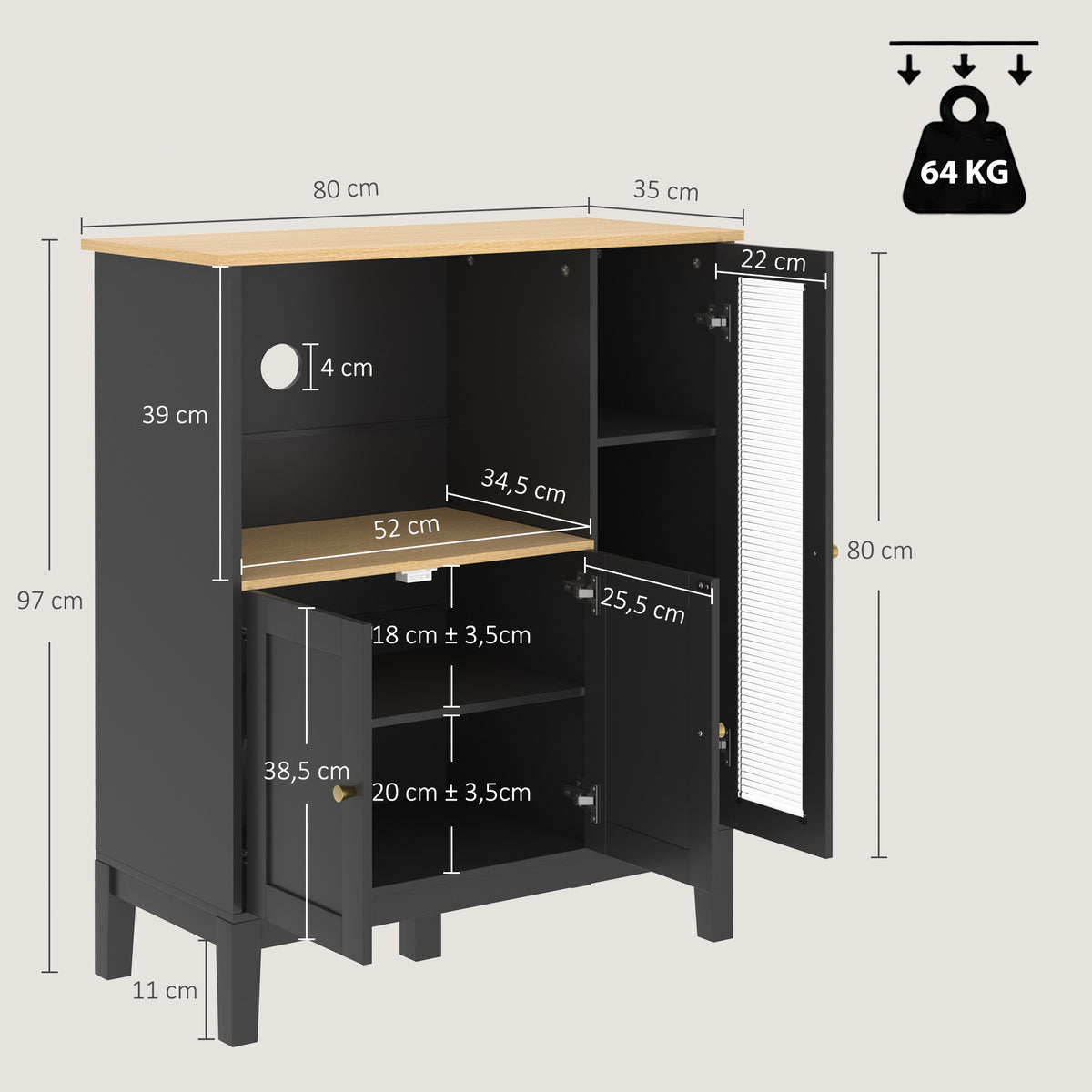 Meuble armoire micro-ondes pour cuisine avec 1 niche, 3 portes passe-câbles 80 x 35 x 97 cm noir et aspect bois-2