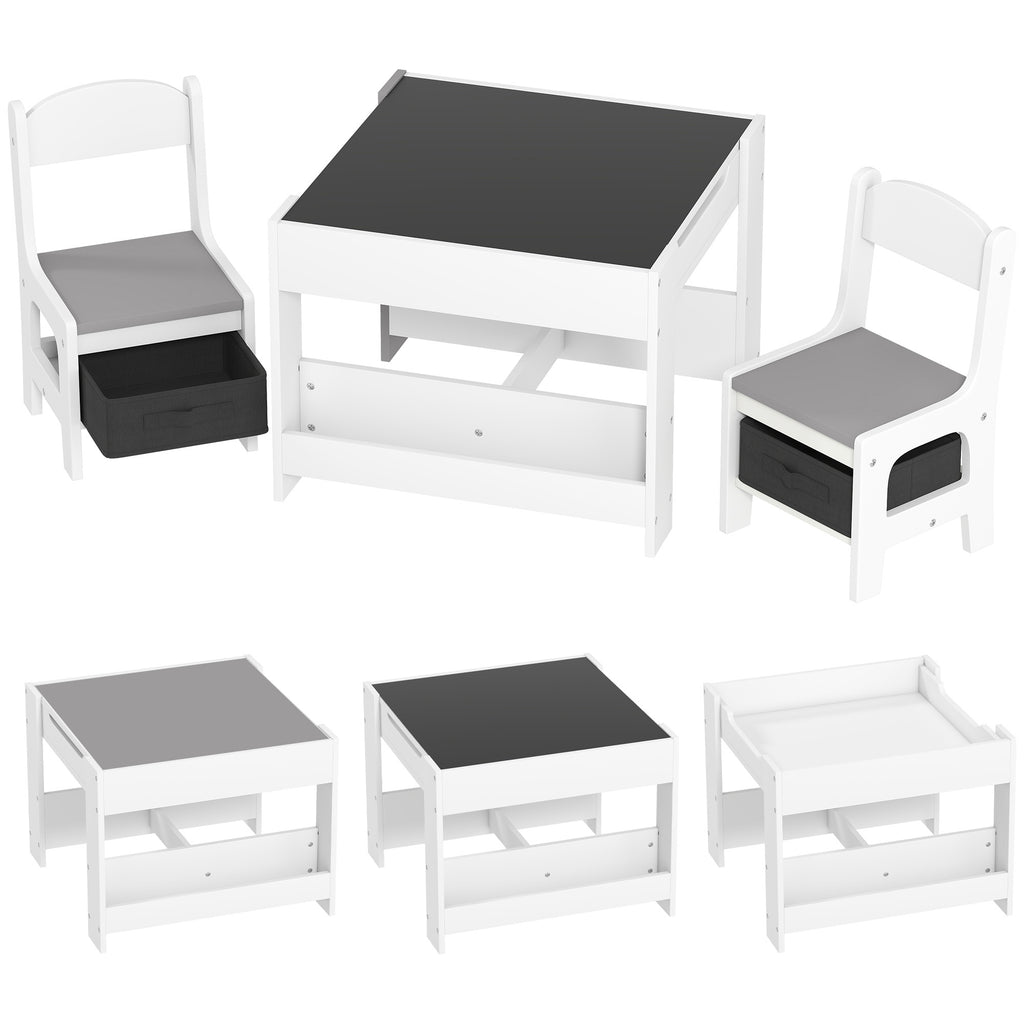 Ensemble 3 pièces table et 2 chaises pour enfant avec plateau réversible tableau noir, panier de rangement, étagères-0