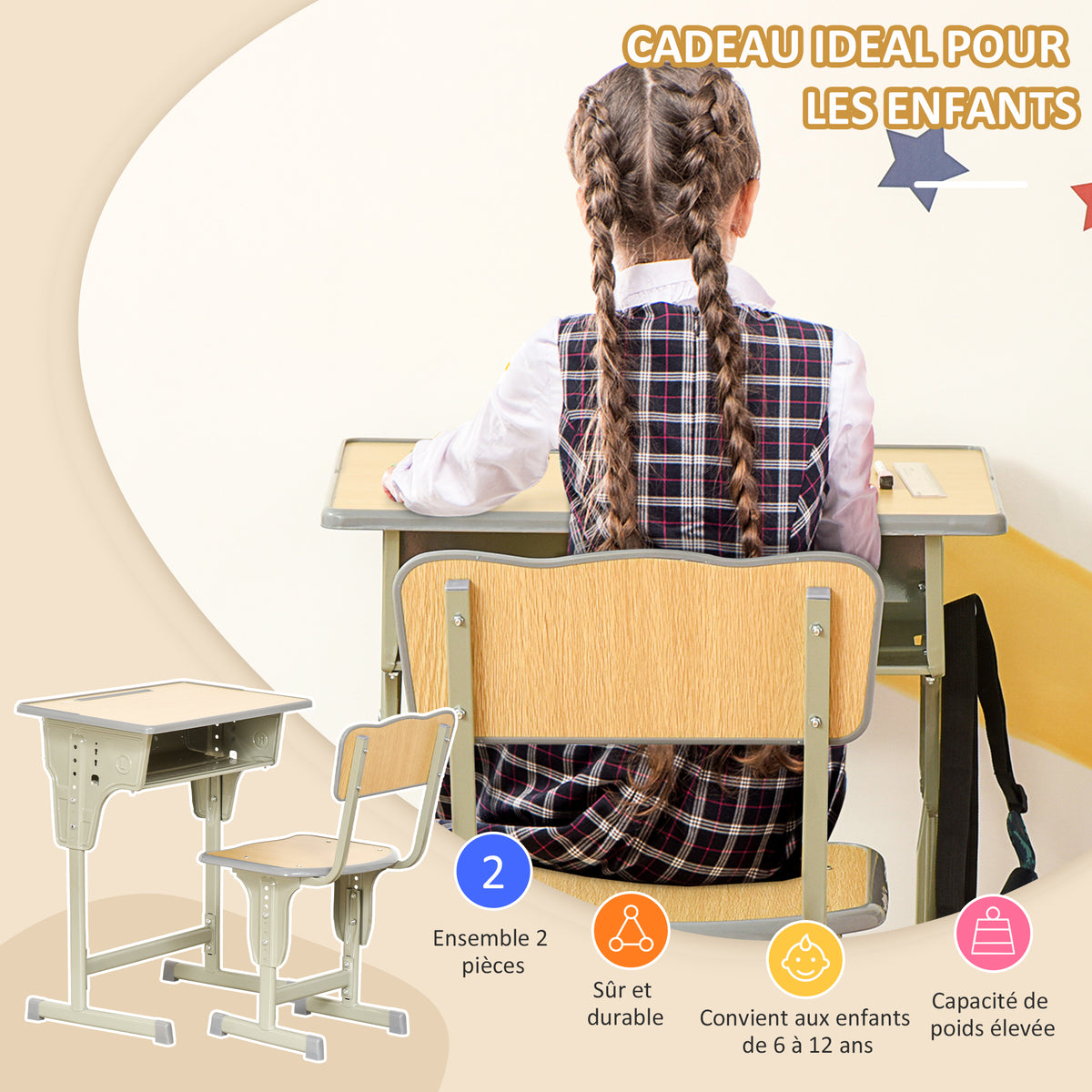 Bureau enfant Vintage style pupitre d'écolier - ensemble bureau et chaise réglable - case de rangement, bracket, range-stylos - acier kaki MDF aspect bois clair-4