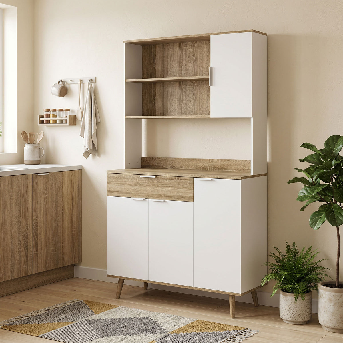 Armoire de cuisine meuble de rangement 4 portes 1 tiroir design scandinave 98 x 39 x 180 cm blanc et naturel-1