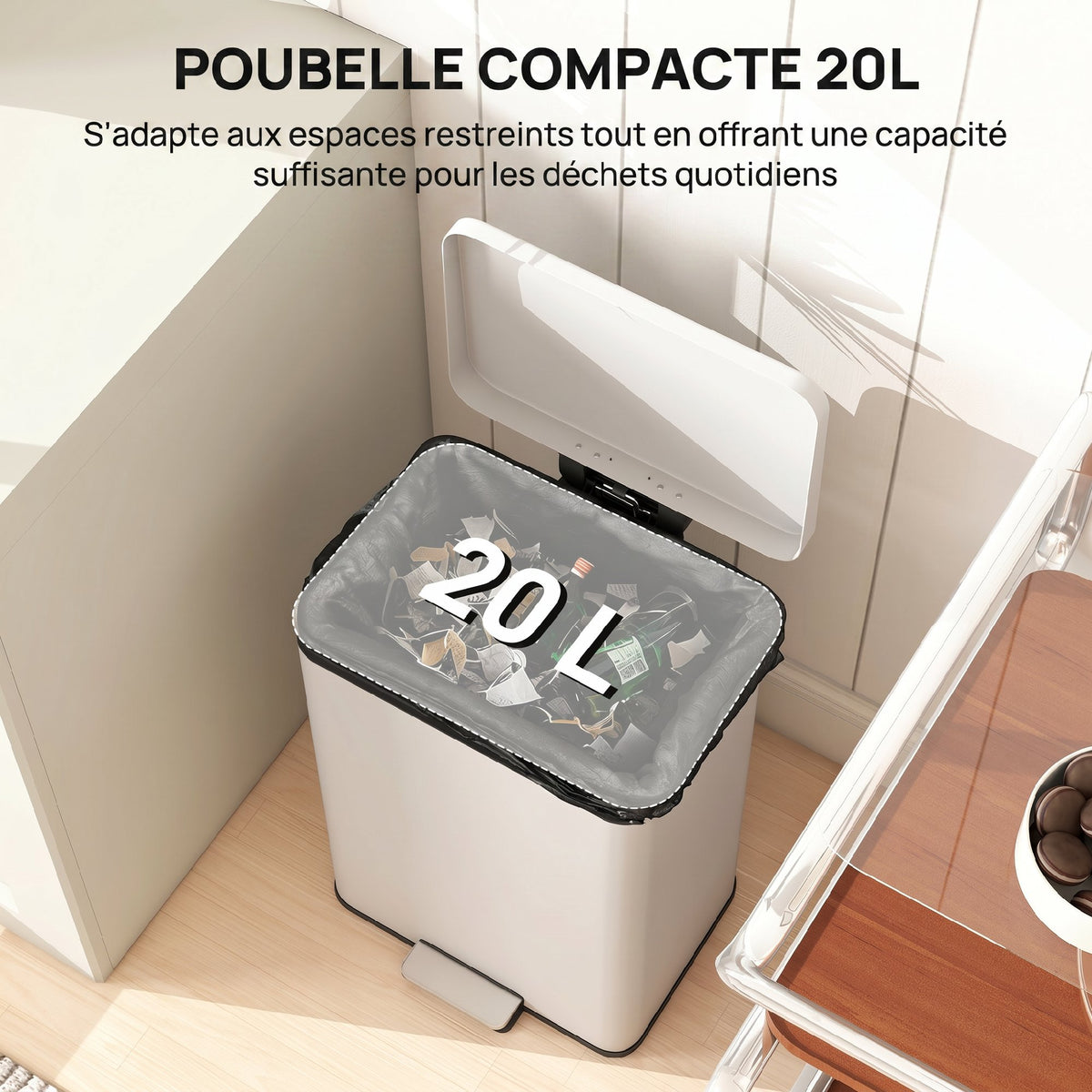 Poubelle de Cuisine 20 L en Métal, Poubelle avec Pédale, Couvercle à Fermeture Douce, Crème-3