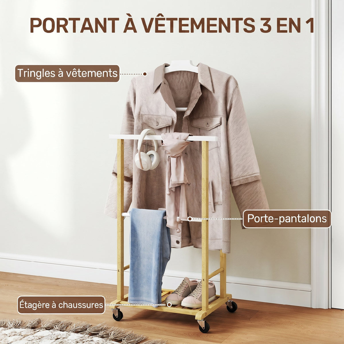 Valet de chambre à roulettes, portant à vêtements en bambou avec cintre intégré, tiges à pantalons et étagère, naturel-3