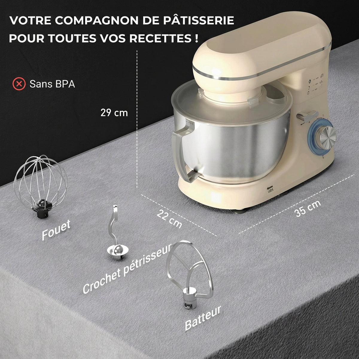 Robot pâtissier 1300 W, robot pétrin professionnel 4,5 L, bol d'acier inoxydable, 6+P vitesses et pulse, beige-2