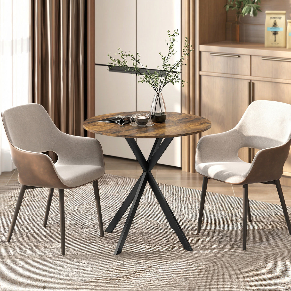 Table à Manger Ronde pour 2 Personnes avec Plateau Aspect Bois et Piètement Croisé en Acier, Brun Rustique-9