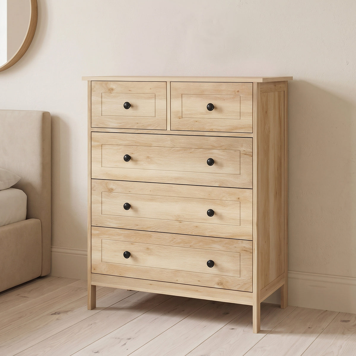 Commode meuble de rangement 5 tiroirs pour chambre, bureau, entrée, chêne et poignée métal noir-1
