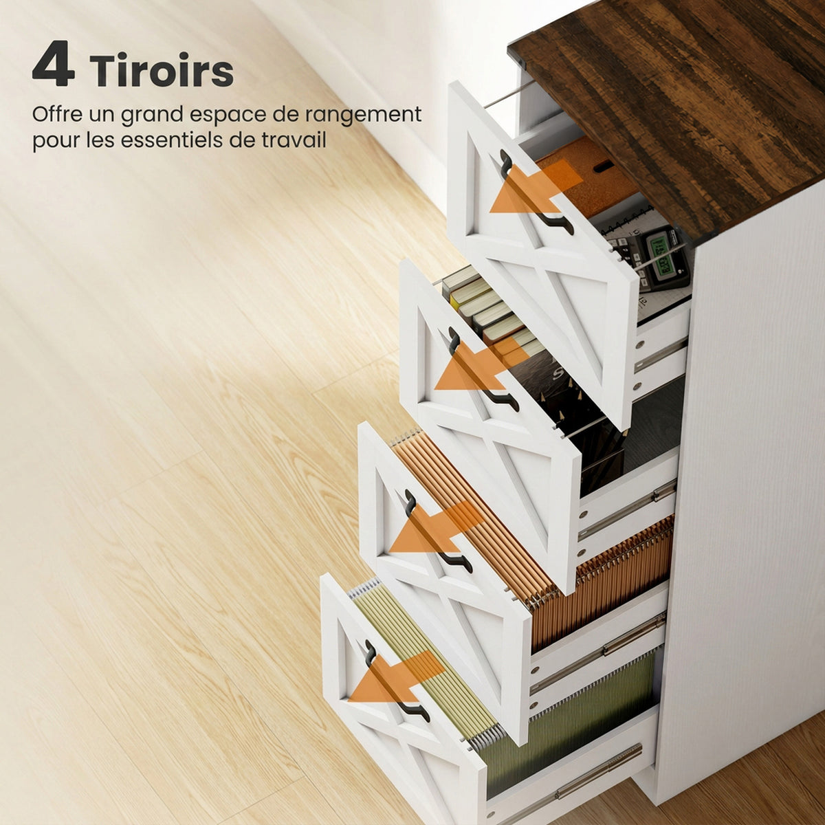 Caisson de Bureau avec 4 Tiroirs, Dossiers Suspendus pour Formats Lettre/A4, Style Rustique, 40x40x131cm, Blanc-4