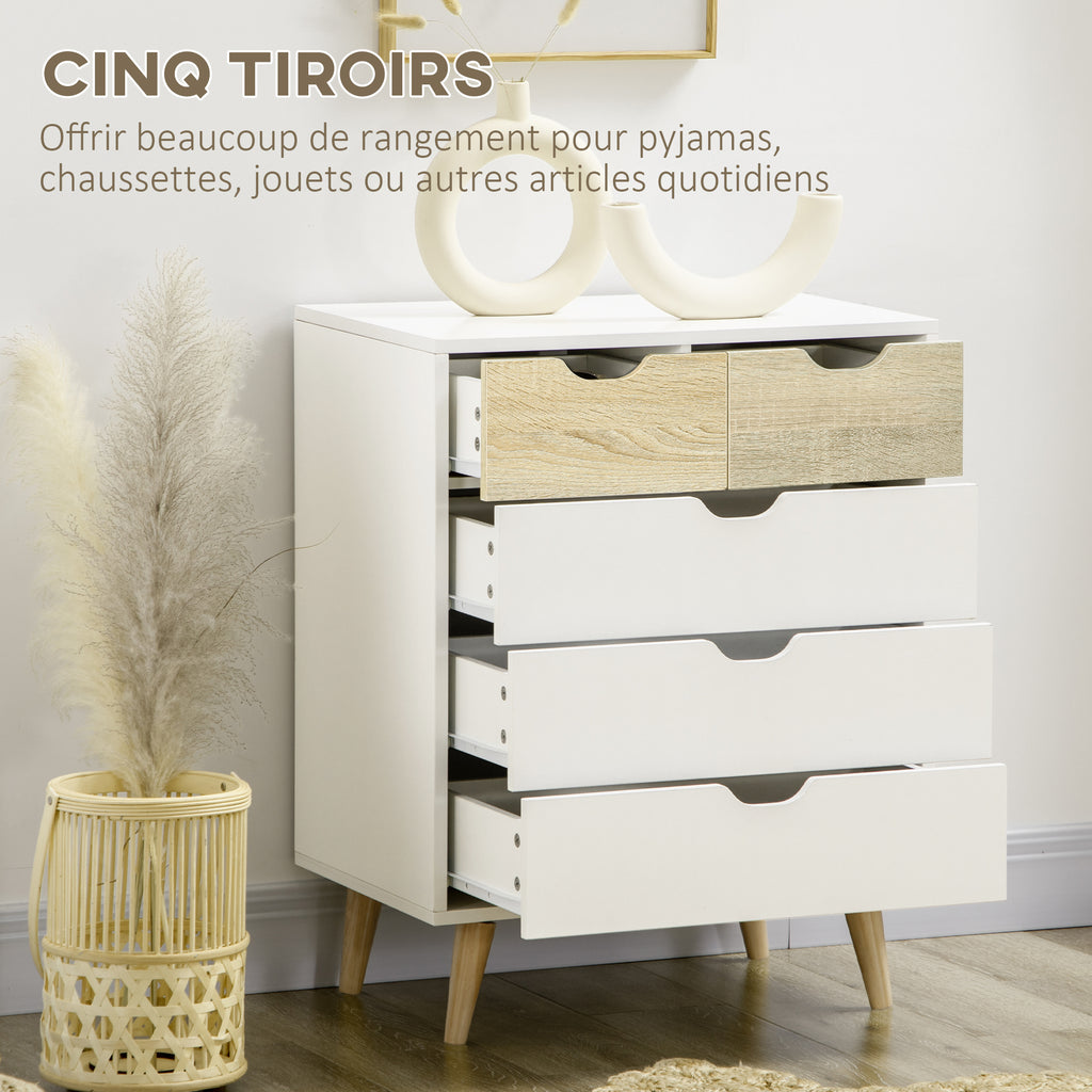 Commode 5 tiroirs meuble de rangement 4 pieds biseautés - bois, 60 x 40 x 77,5 cm, blanc-4