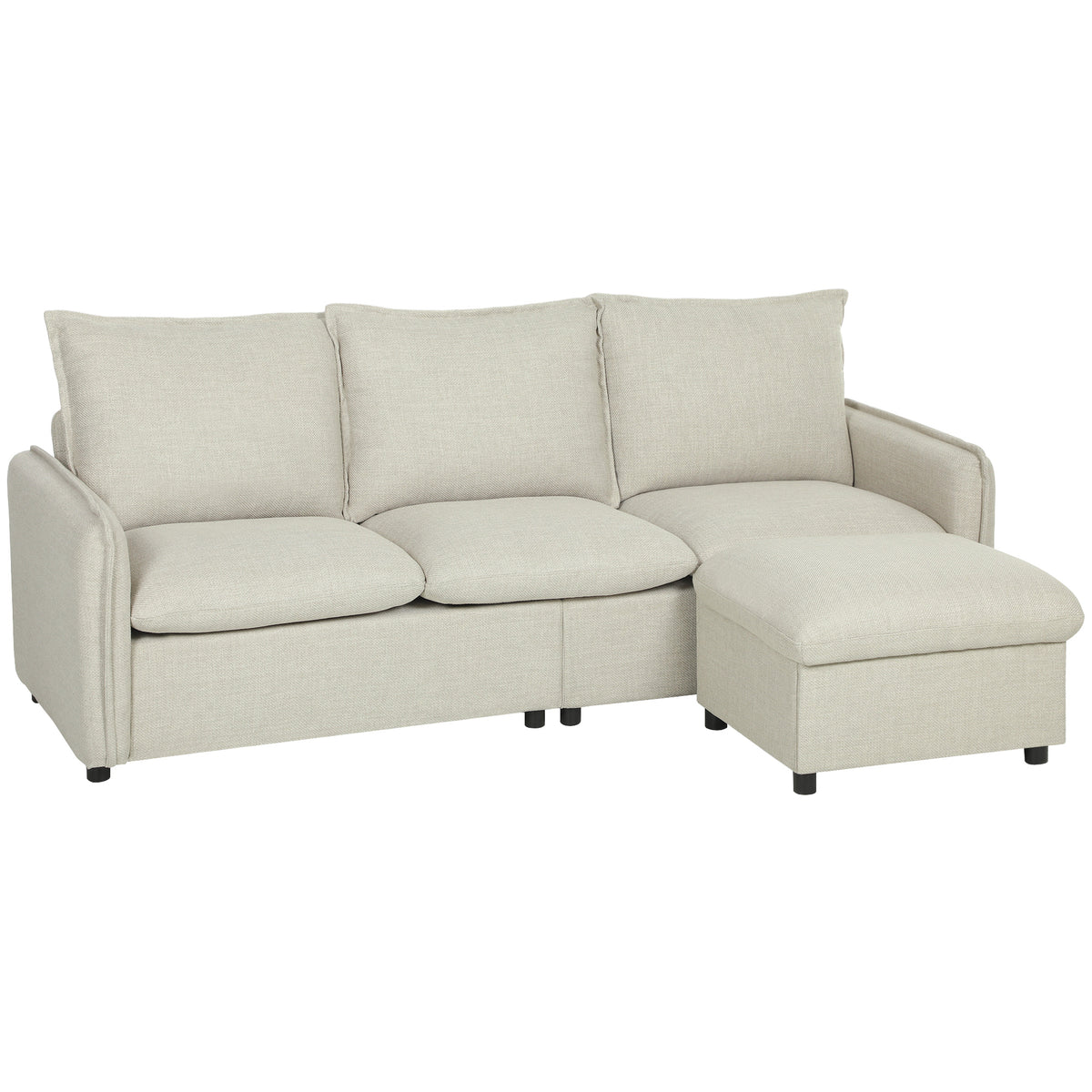 Canapé 3 places avec pouf de rangement, canapé d'angle modulable 212 cm, coussins à ressorts, tissu en lin, crème-0