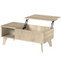 Table Basse Relevable, Compartiment Caché, 2 Étagères Ouvertes, Coins Arrondis, Style Mid-Century, 100x48x41cm, Chêne-0