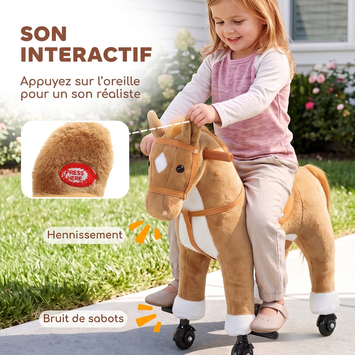 Cheval à Monter pour Enfant sur Roulettes en Peluche, Musique, Effet Sonore, Pédale, Poignée, 73x40x66cm, Marron-3