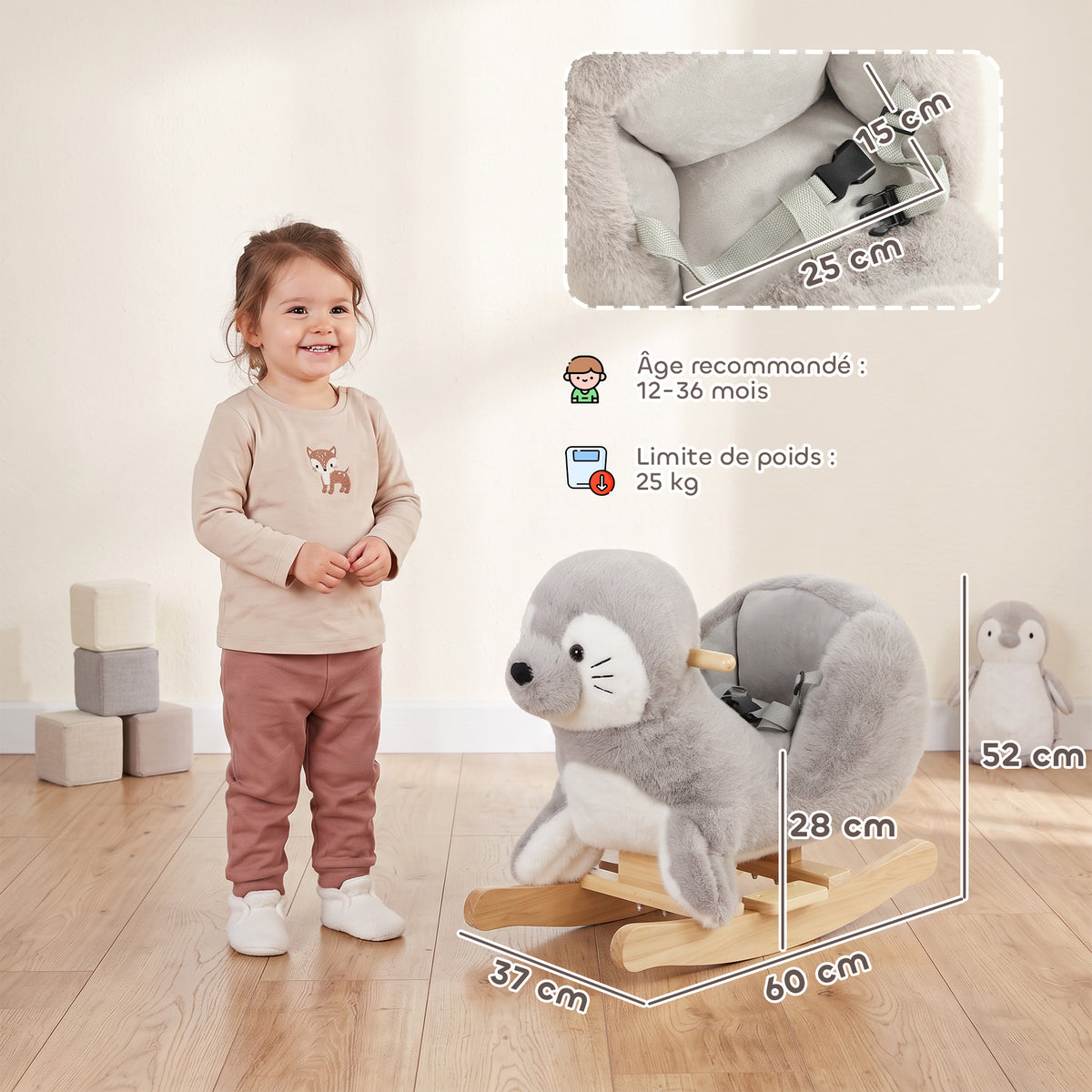 Cheval à bascule pour Enfants, Phoque à Bascule en Peluche, Sons Réalistes, Ceinture et Butées Anti-Basculement, Gris-2