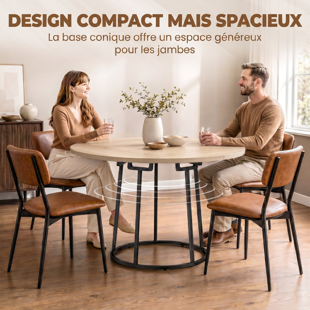 Table à Manger Ronde pour 4 à 6 Personnes, Ø 120 x 75 cm, Table de Cuisine avec Piétement Conique en Métal, Bois Naturel-4