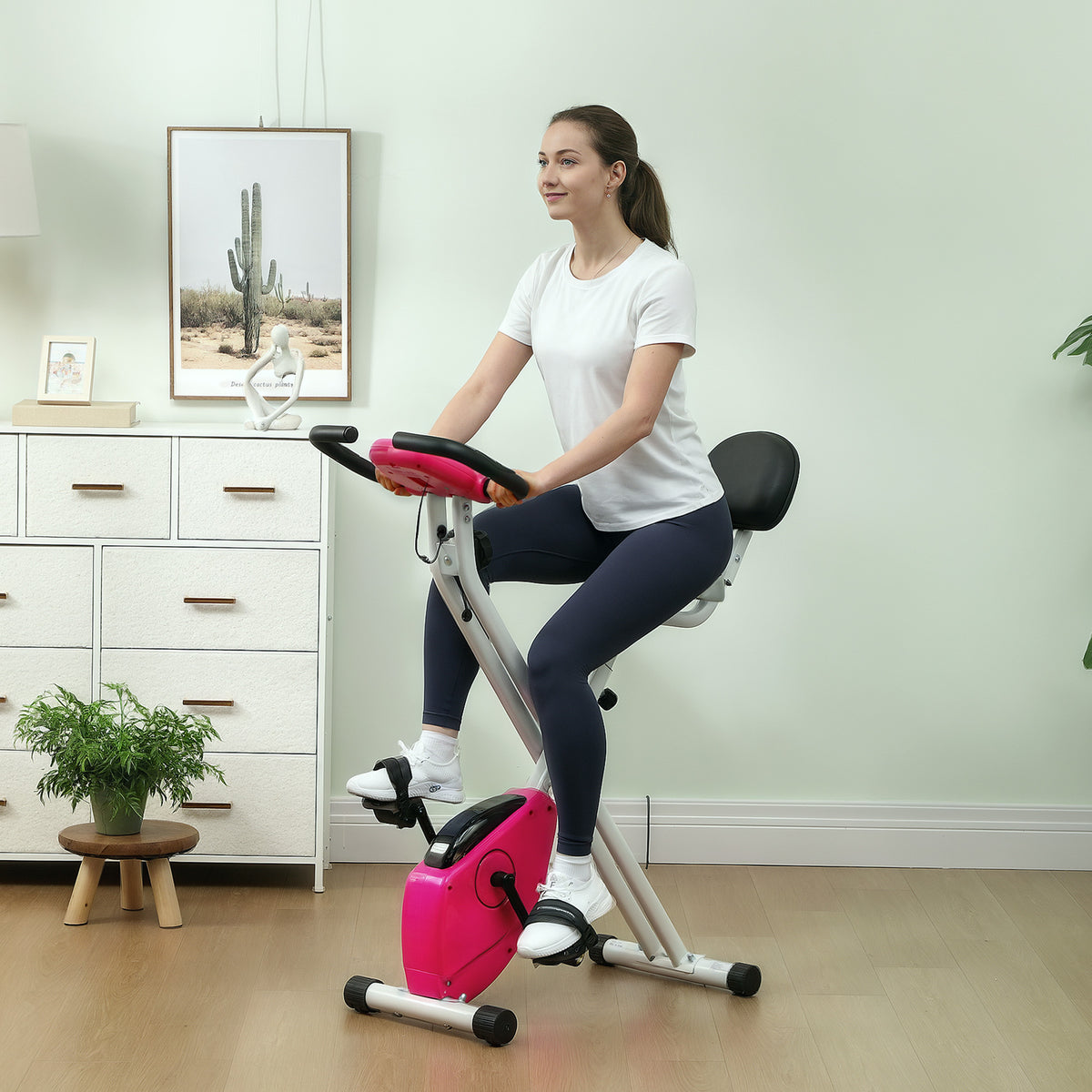 Vélo d'appartement pliable - 8 niveaux de résistance, selle et dossier réglables, rose
