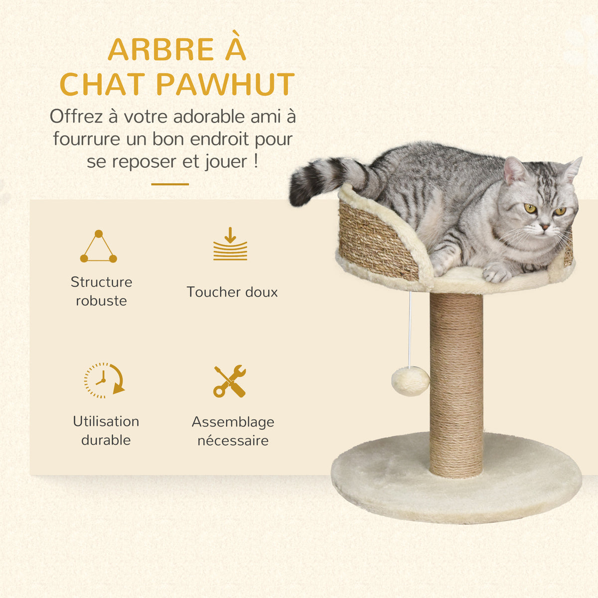 Arbre à chat arbre à grimper grattoir design jeu pompon suspendu + plateforme peluche 40 x 40 x 49 cm sisal beige-3