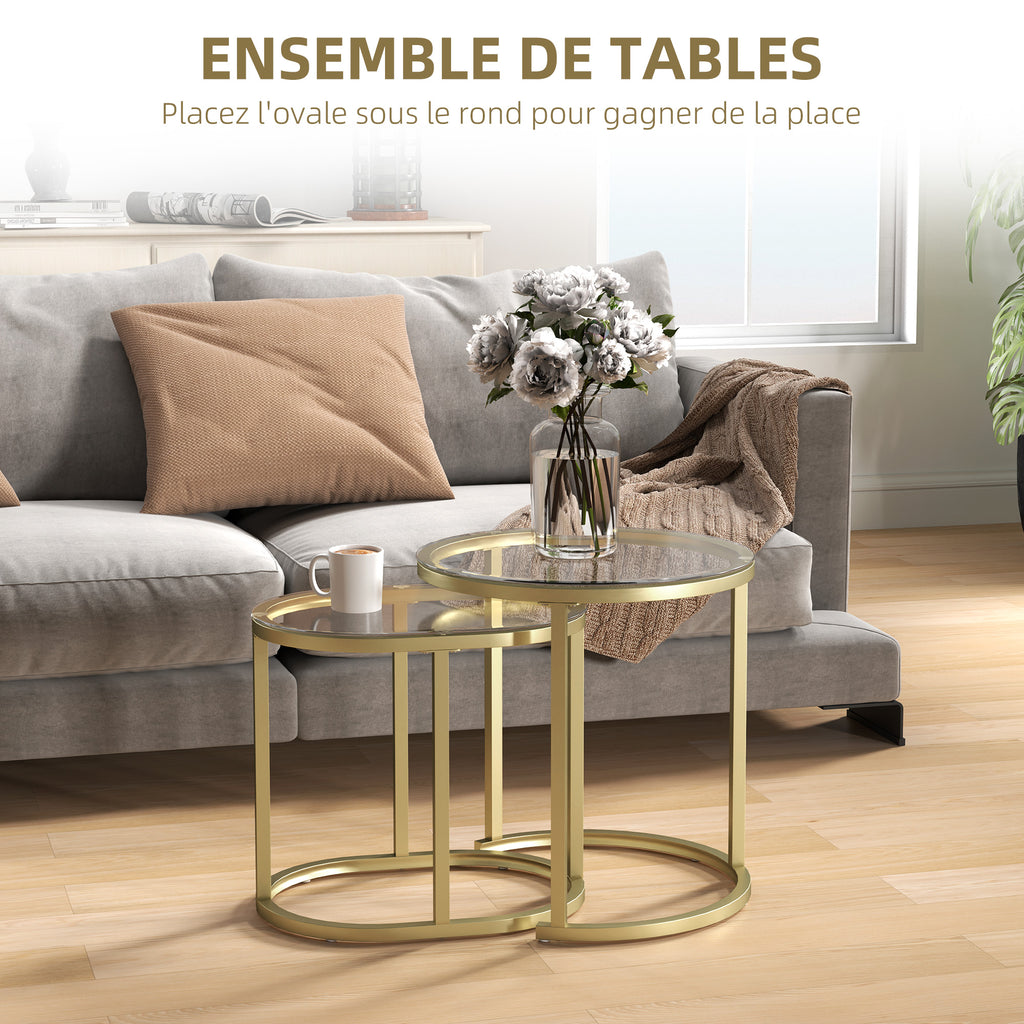 Lot de 2 tables basses tables d'appoint gigognes encastrables structure en acier et plateau verre trempé transparent or-3