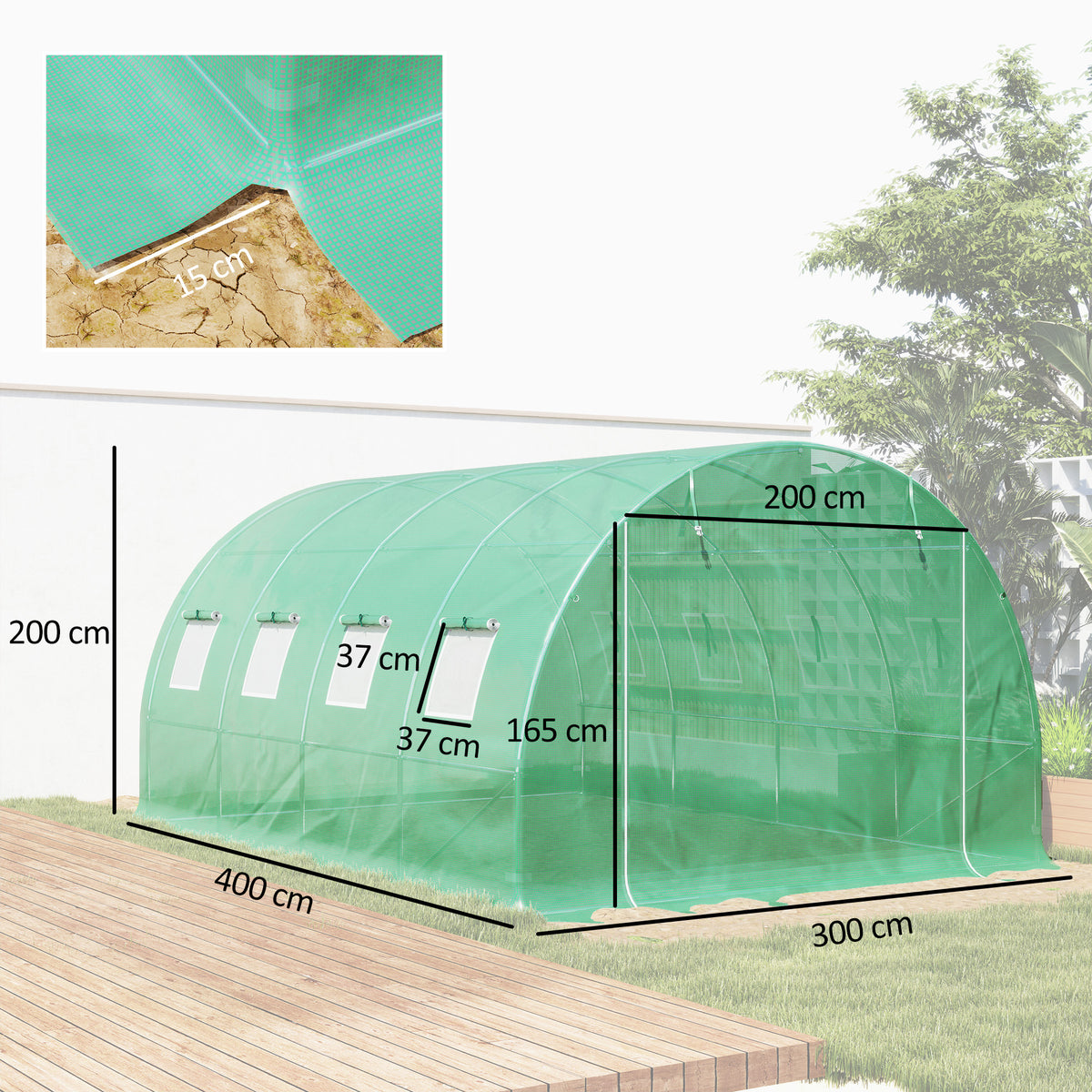 Bâche de rechange serre tunnel 12 m² 4 x 3 x 2 m PE anti-UV imperméable 8 fenêtres + porte enroulable zippée vert-2