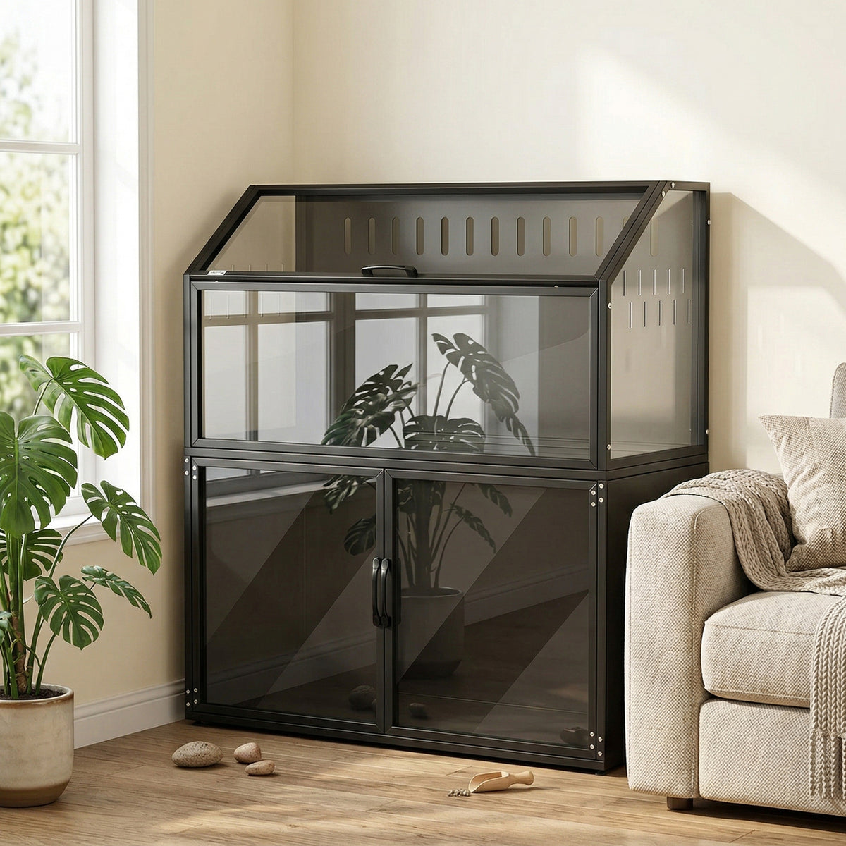 Cage Hamster 2-en-1 avec Armoire de Rangement pour Rongeur Hamster Syrien et Souris Acier et Acrylique Noir-1
