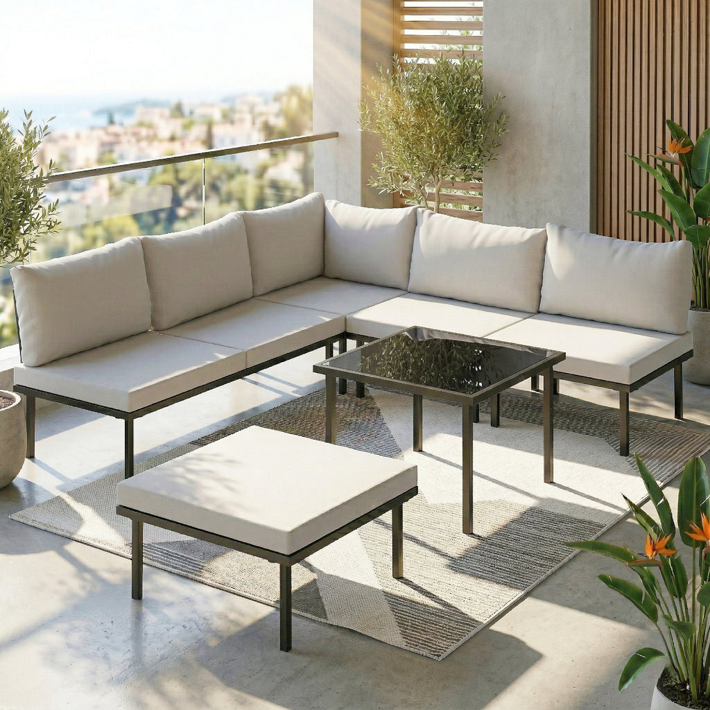 Salon de jardin extérieur d'angle modulable 6 personnes, table basse avec plateau en verre trempé, gris clair-1