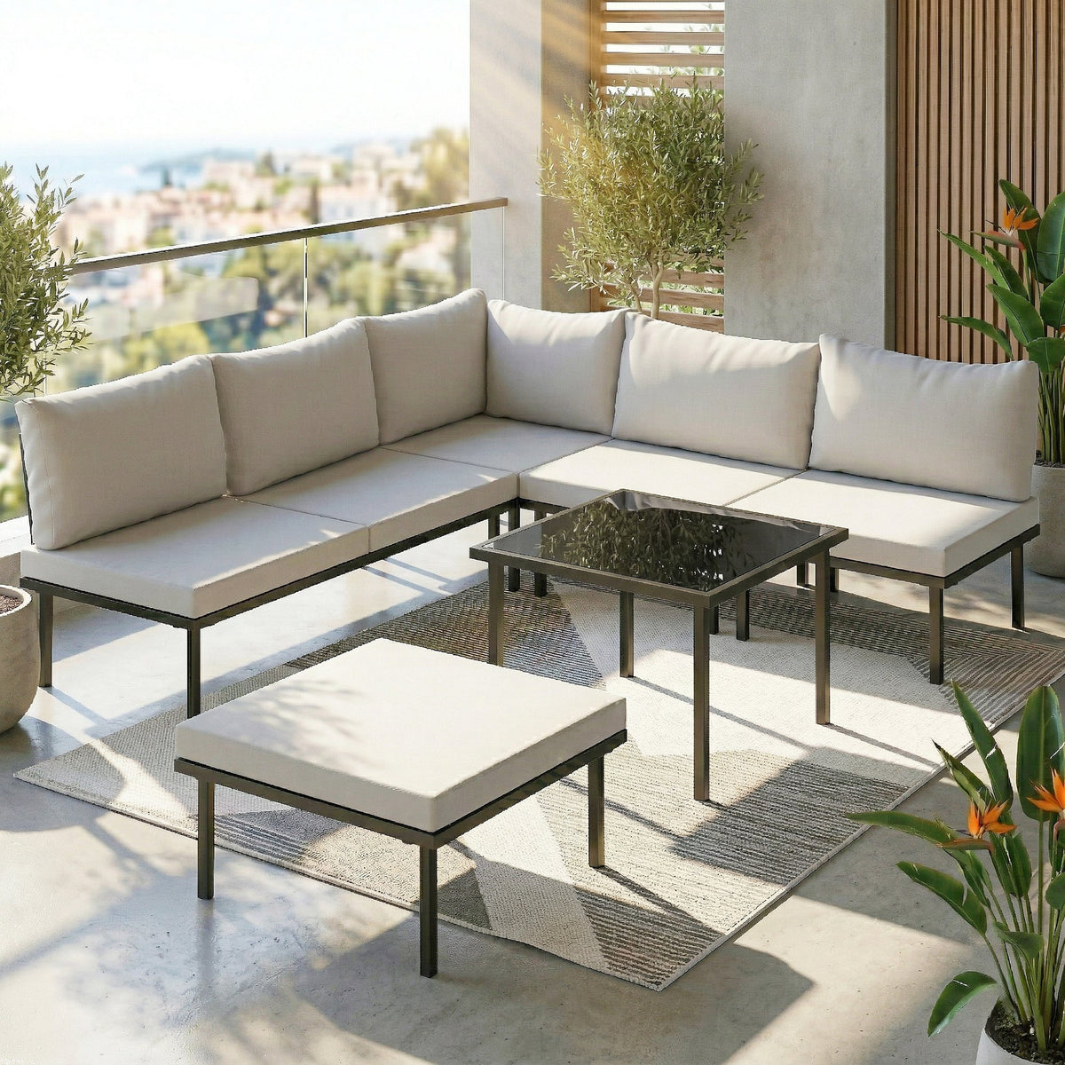 Salon de jardin extérieur d'angle modulable 6 personnes, table basse avec plateau en verre trempé, gris clair-1