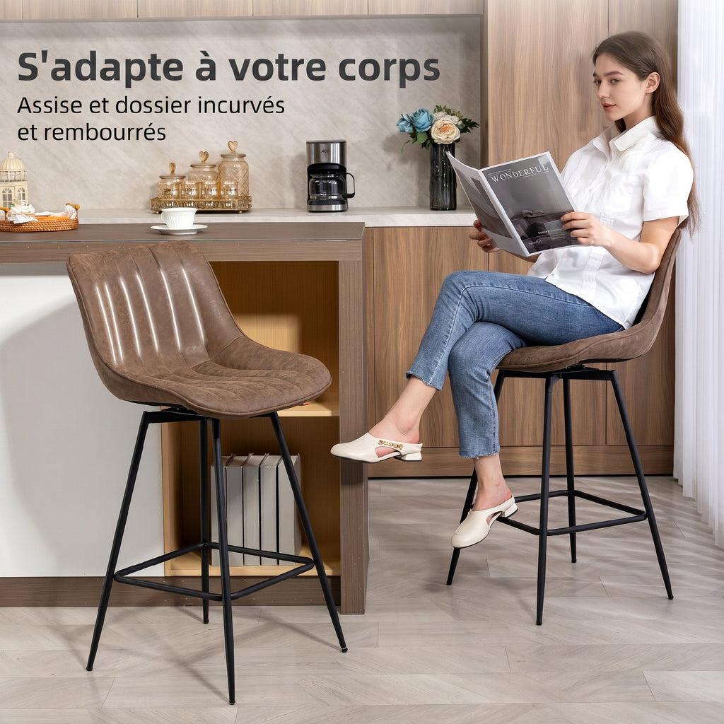 Lot de 2 tabourets de bar, chaises de bar en PU, assise rembourrée 68H cm, dossier et repose-pieds, marron-5