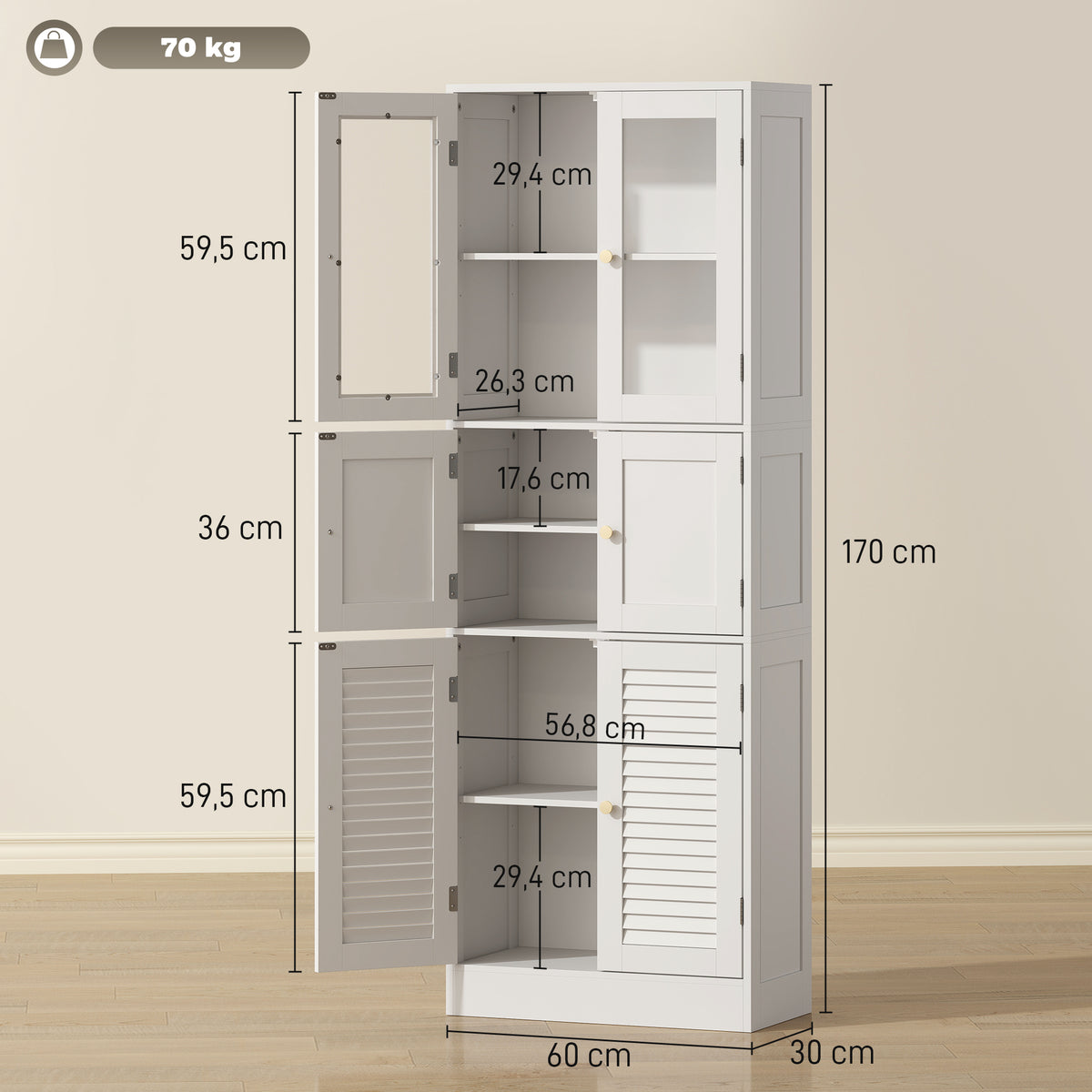 Meuble de salle de bain haut, meuble de rangement avec 6 portes dont 2 vitrées et 2 persiennes, étagère réglable, blanc-2