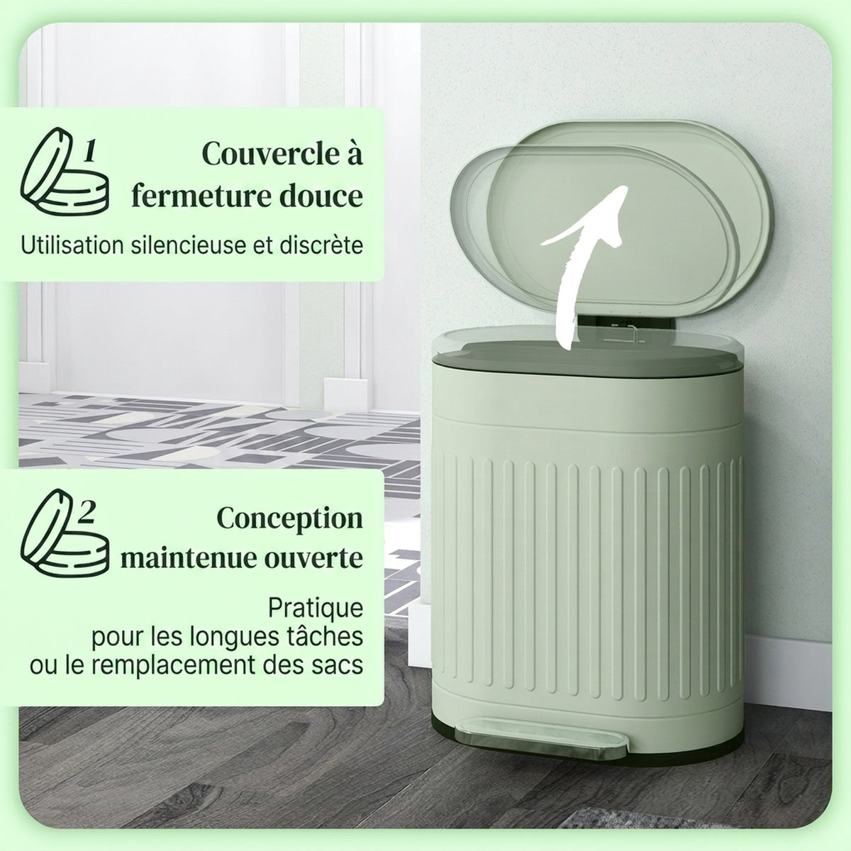 Poubelle de cuisine poubelle à pédale 20L couvercle à fermeture douce seau intérieur amovible 36,5 x 31,2 x 45 cm vert-4