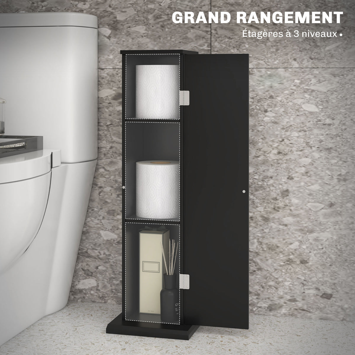 Support papier toilette meuble salle de bain 3 niveaux et sortie papier, pour petits espaces, noir-4