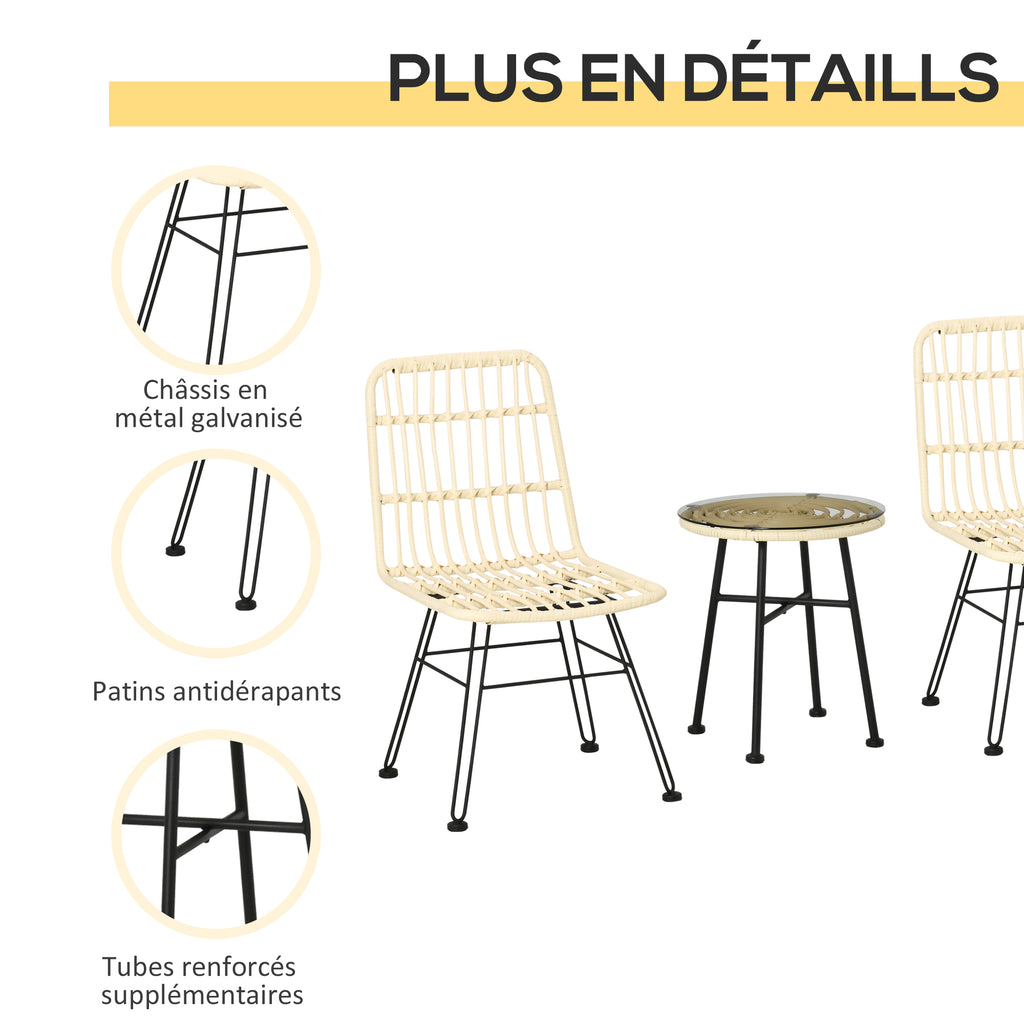Ensemble bistro de jardin 3 pièces 2 chaises + table basse ronde verre trempé 2 coussins crème-6