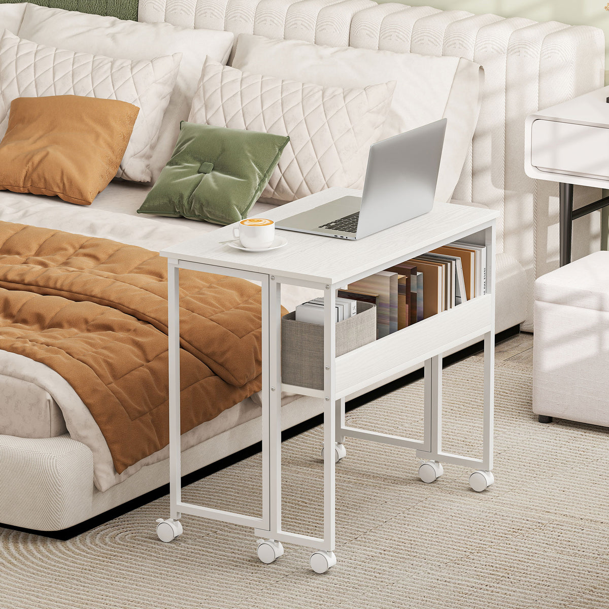 Bureau pliable sur roulettes 80 x 50 cm avec étagère et sac de rangement, blanc-7