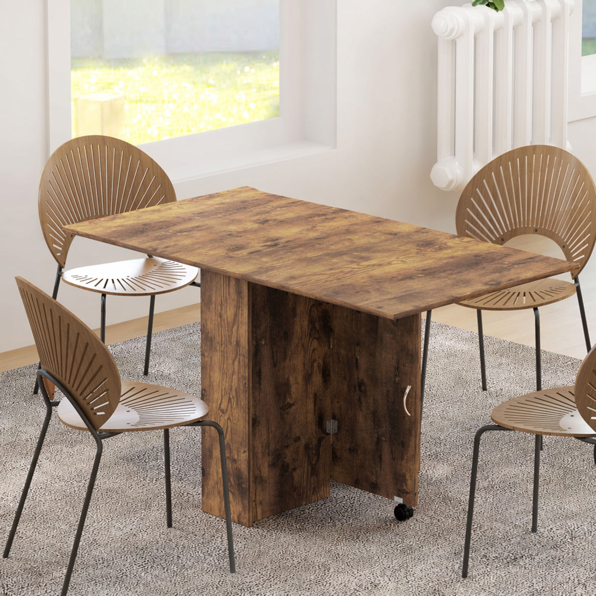 Table à Manger Pliante Mobile sur Roulettes, 2 Plateaux Rabattables, 2 Étagères Intégrées, 140x80x74cm, Brun Rustique-1