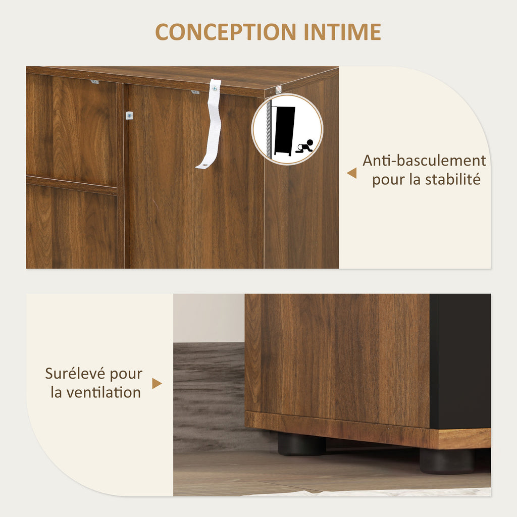 Buffet salon meuble de rangement avec 4 placards, tiroirs et étagères réglables, dim. 120 x 35 x 85 cm, marron et noir-6