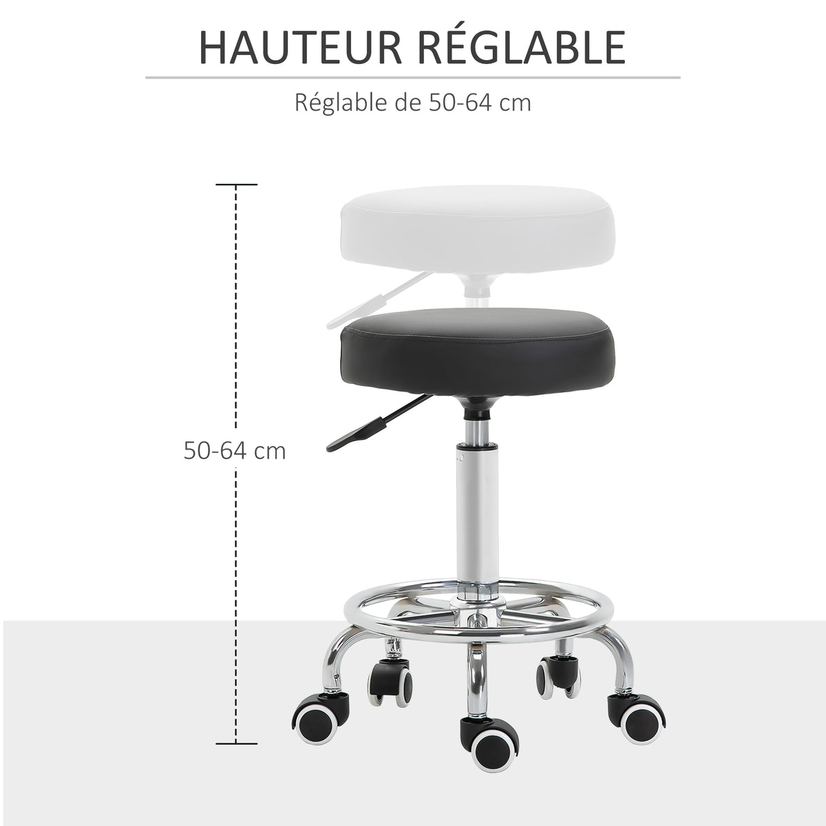 Tabouret à roulettes, tabouret de massage avec hauteur réglable 50-64 cm et assise rembourré, pivotant 360°, noir-3