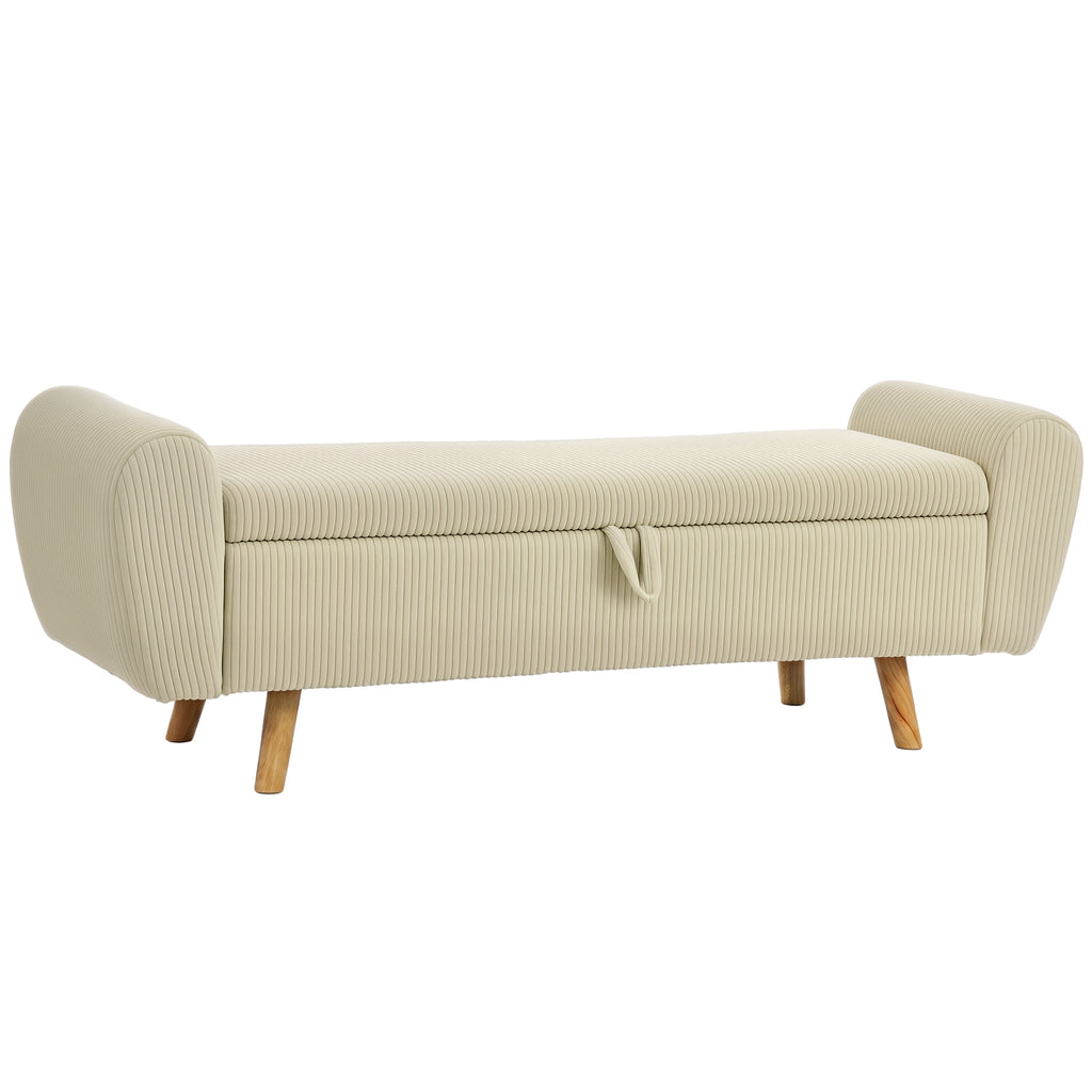 Banc de rangement 73 L, coffre de rangement rembourré en velours côtelé avec accoudoirs et pieds en bois d'hévéa, beige-0