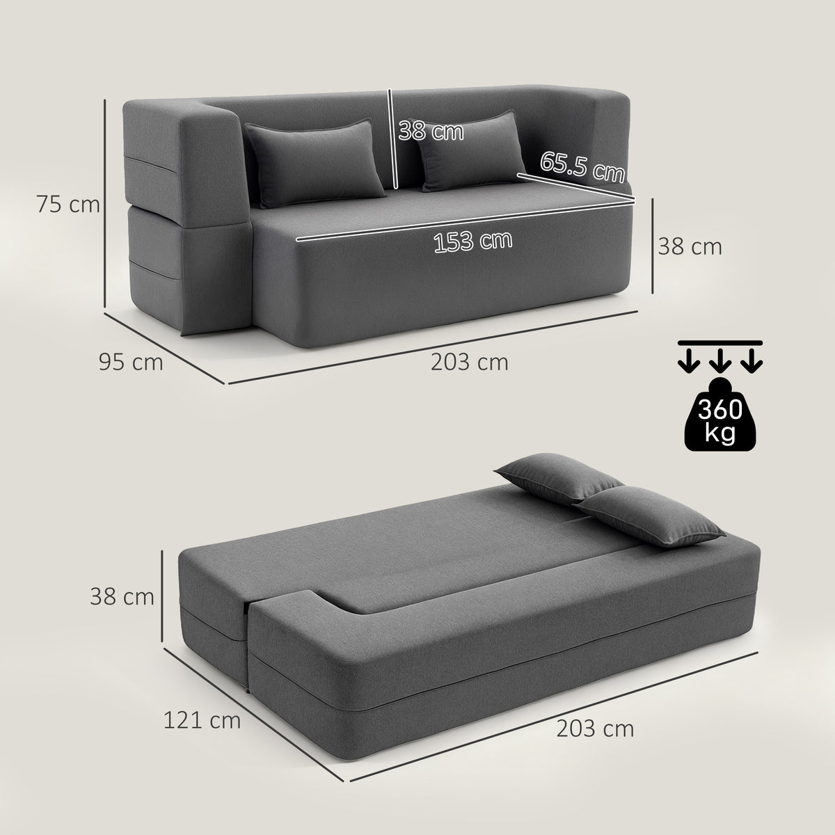 Canapé convertible 2 places, canapé-lit en chenille, assise et accoudoirs larges 2 coussins, entièrement compressé, gris-2