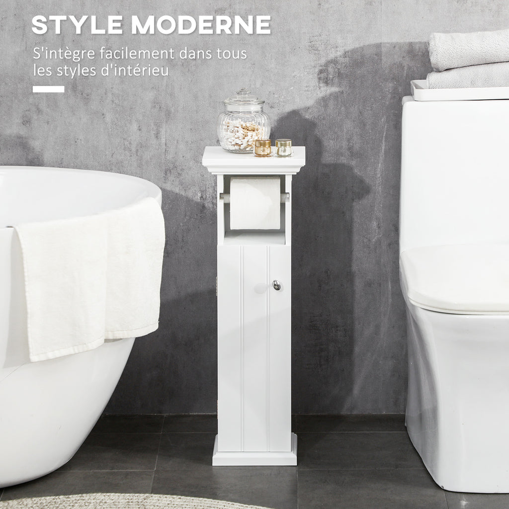 Meuble de salle de bain support papier toilette avec placard et sortie papier en bois blanc-3