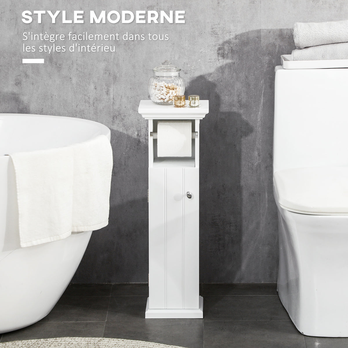 Meuble de salle de bain support papier toilette avec placard et sortie papier en bois blanc-3