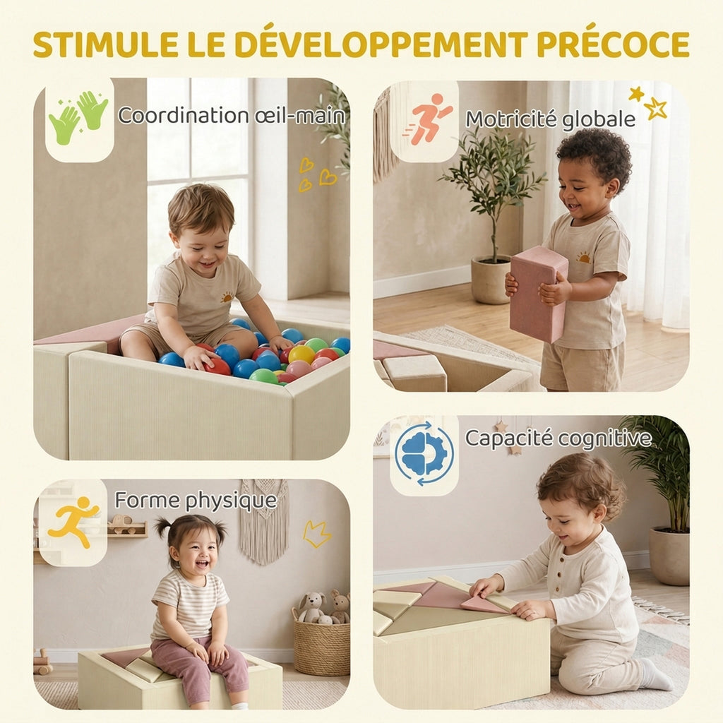 Parcours motricité bébé 9PCS avec piscine à balles, module en mousse souple avec housse en velours côtelé, multicolore-6