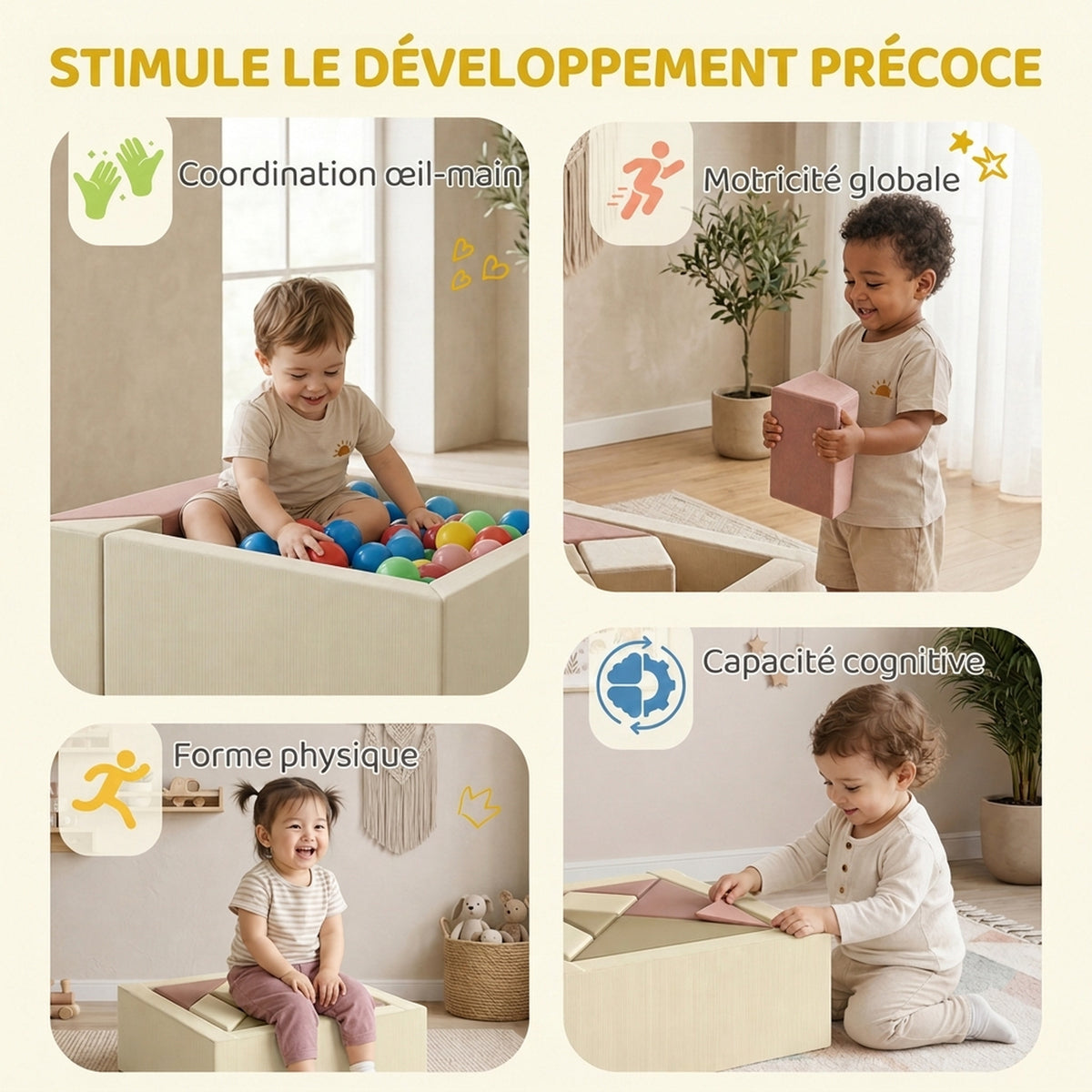 Parcours motricité bébé 9PCS avec piscine à balles, module en mousse souple avec housse en velours côtelé, multicolore-6