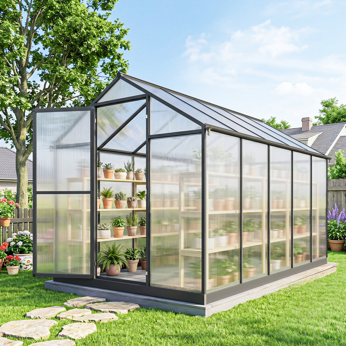Serre de jardin en aluminium polycarbonate, serre avec fenêtres supérieures réglables 303x183x195cm transparent-1