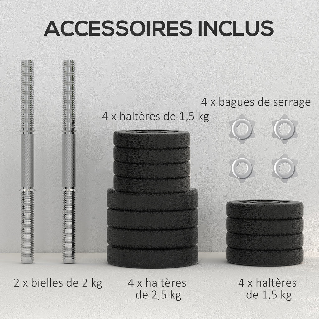 Ensemble d'haltères courtes total 25 kg dumbbell paires poids réglable - barres incluses acier polyuréthane noir-5