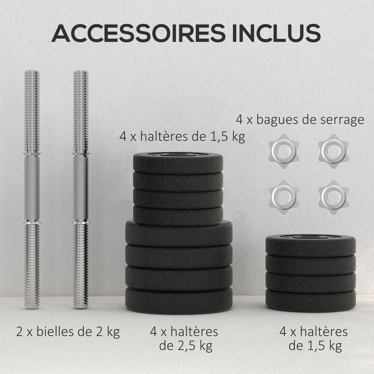 Ensemble d'haltères courtes total 25 kg dumbbell paires poids réglable - barres incluses acier polyuréthane noir-5