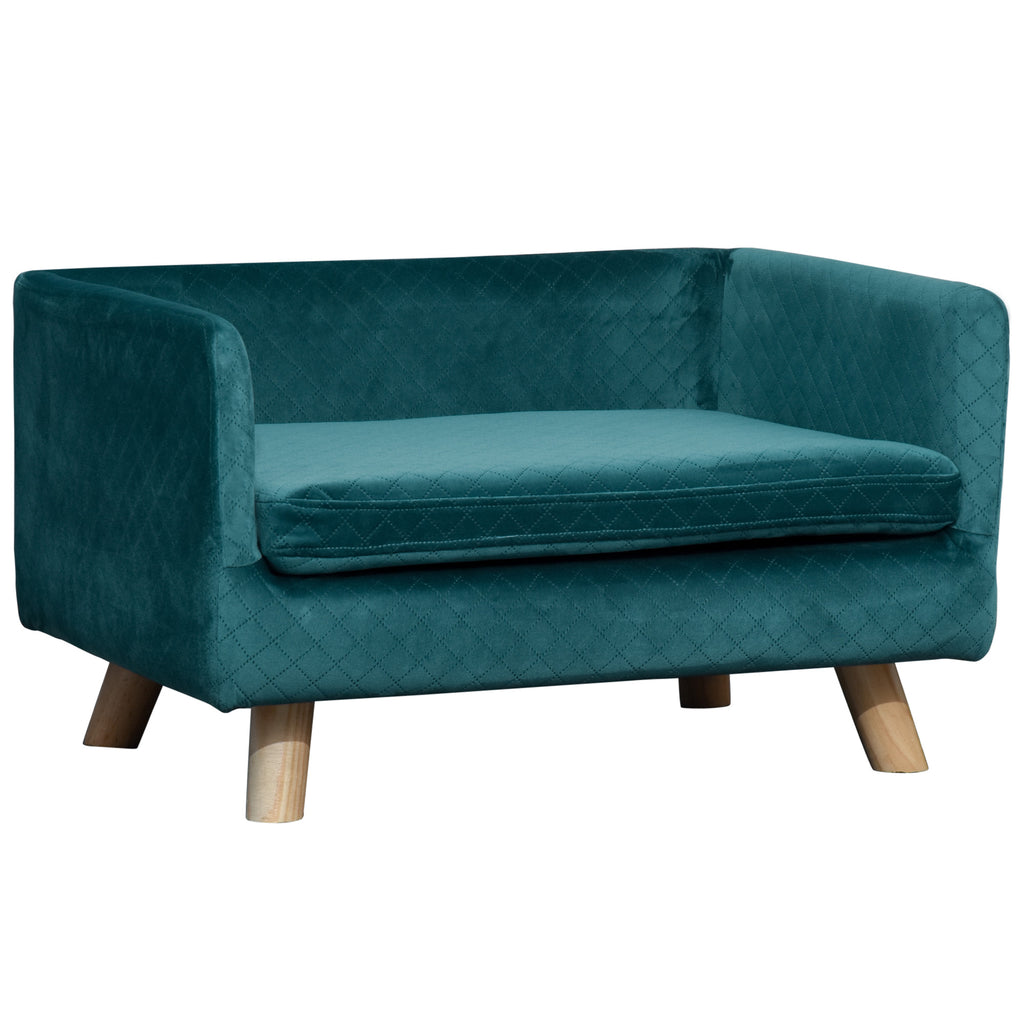 Canapé chien lit pour chien design scandinave coussin moelleux pieds bois massif dim. 64 x 45 x 36 cm velours bleu canard-0