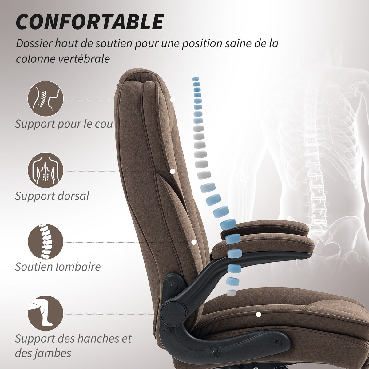 Fauteuil de bureau, chaise bureau ergonomique, hauteur réglable, accoudoirs relevables, 70 x 70 x 114-122 cm, marron-3