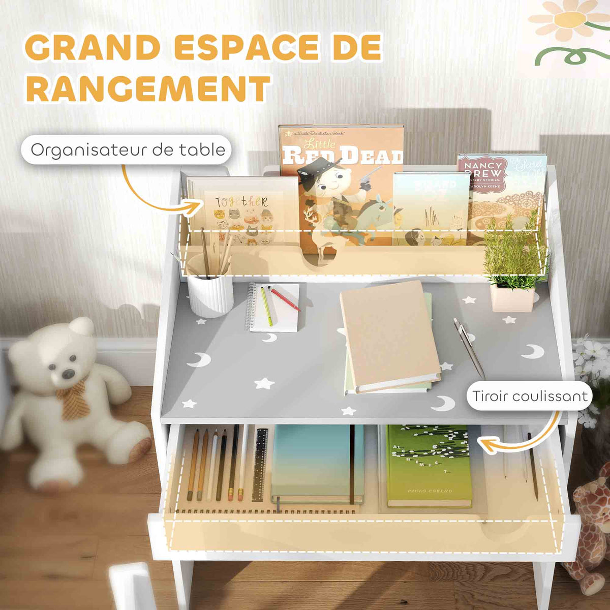 Ensemble Bureau et chaise pour enfants, avec rangement, tiroir coulissant, pour les 3-6 ans, motif étoilé - Gris-4