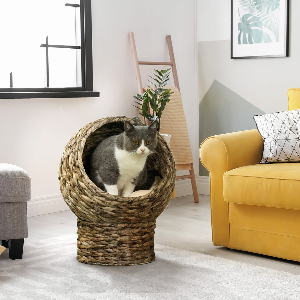 Panier lit surélevé pour chat, niche grotte cosy grand confort, dim. 40L x 37l x 51H cm coussin moelleux beige inclus-8