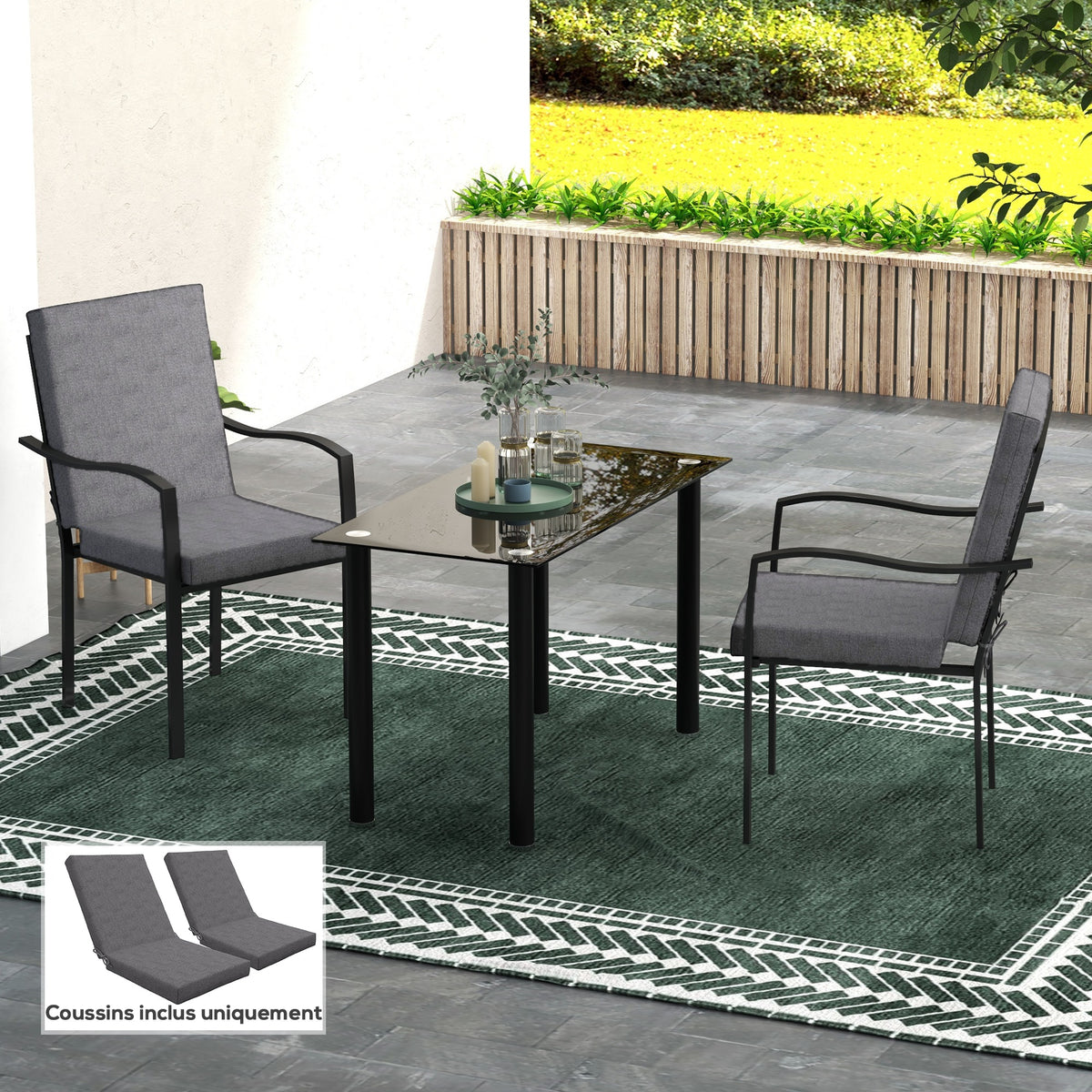Lot de 2 coussins d'extérieur pour fauteuil chaise à dossier avec attaches rembourrage 8 cm, 112L x 51l cm, gris foncé-9