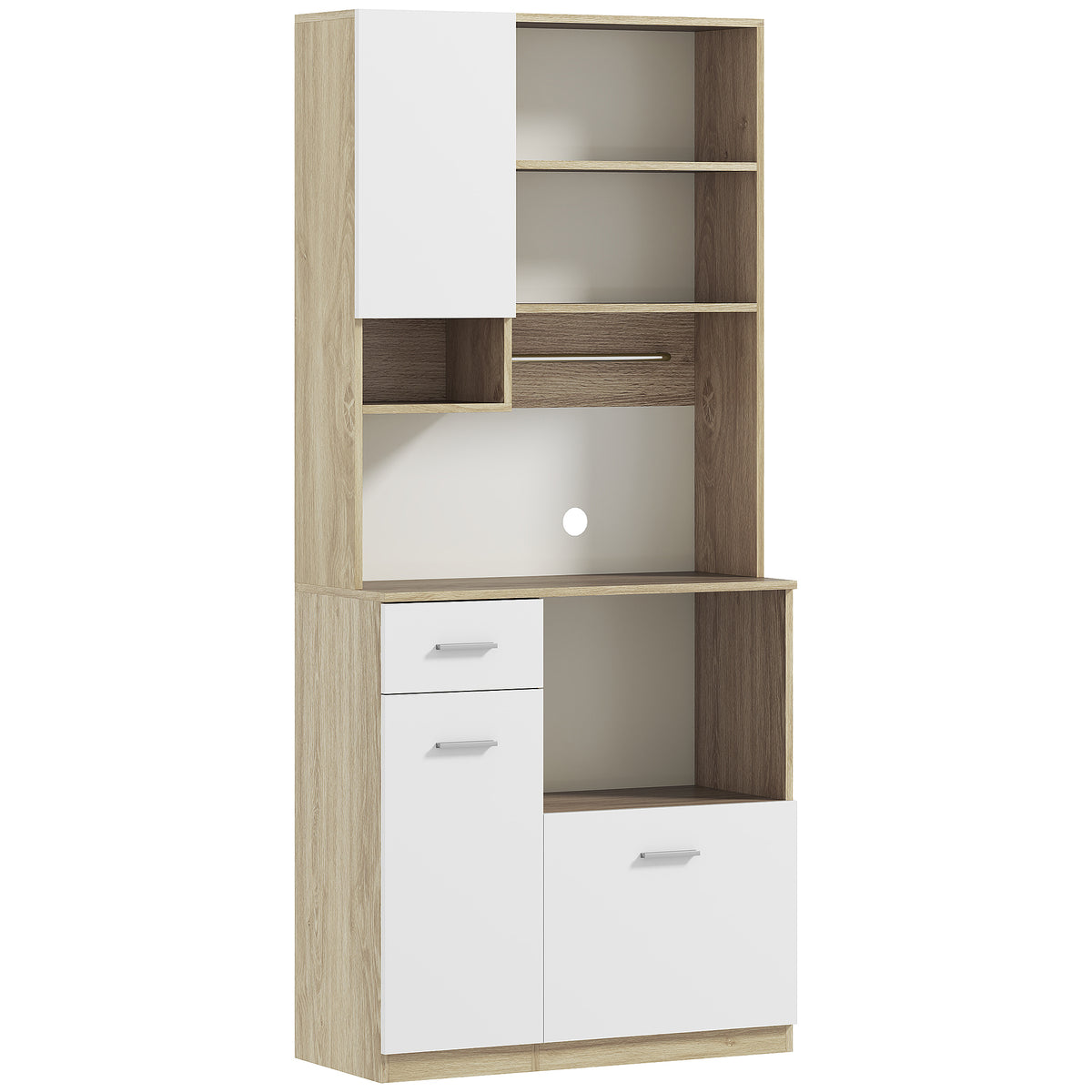 Armoire de cuisine haute, meuble de rangement moderne avec étagères réglables, tiroir, blanc et aspect bois-0