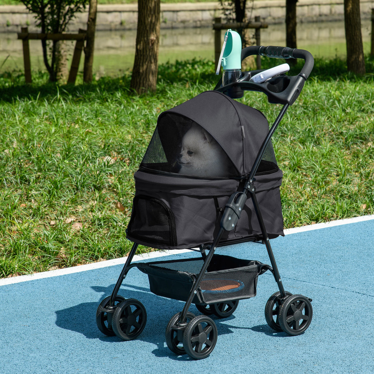 Poussette Buggy Pliable Chien Chat Panier Rangement Porte-Gobelets Tissu 300D Oxford Imperméable 4 Roues Noir-1